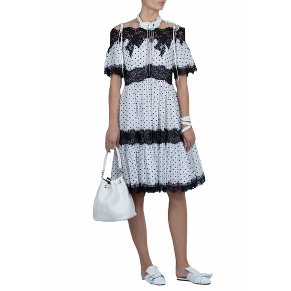 Blumarine Embroidered Polka Dot Lace Quarter Sleeves Cotton Fit Flare Dress 42 6 - Picture 2 of 12
